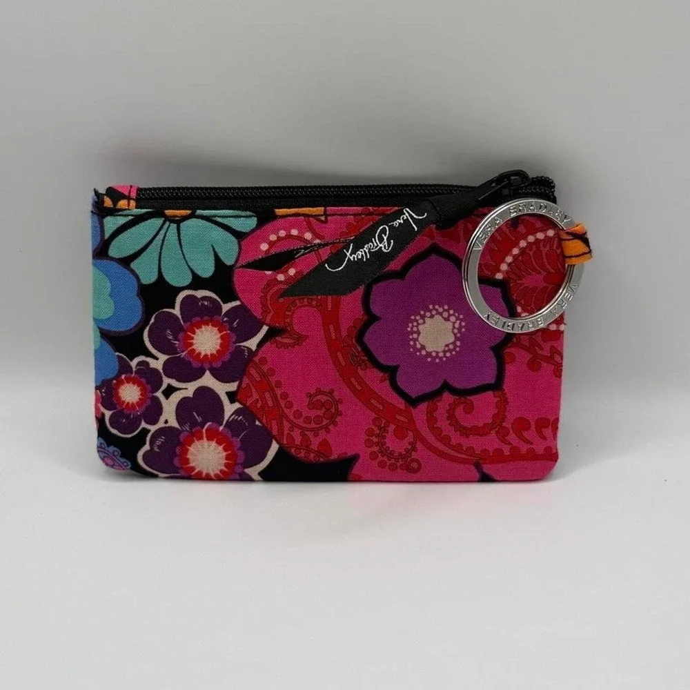 Vera Bradley Mod Pink Zip ID Case Coin Purse Key Ring Wallet Retired Floral